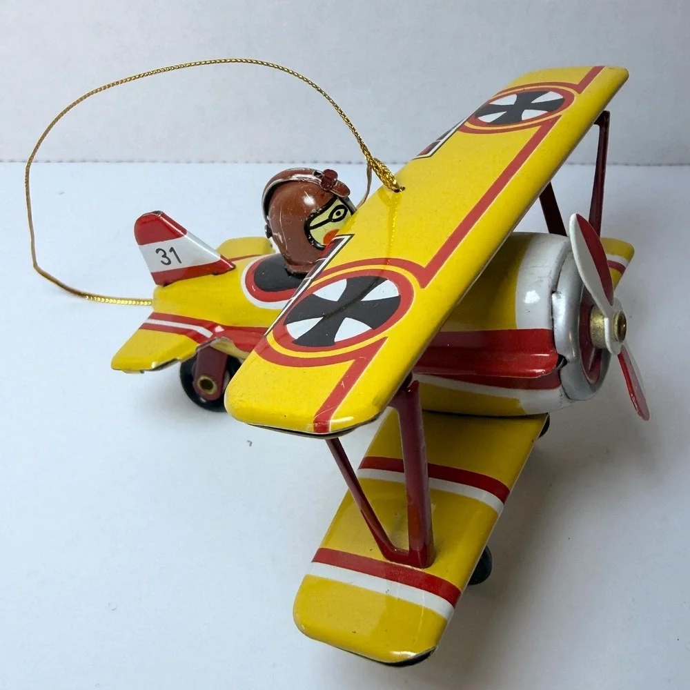 Vintage Style Tin Biplane Christmas Ornament Yellow Red Pilot #31 Aviation Decor